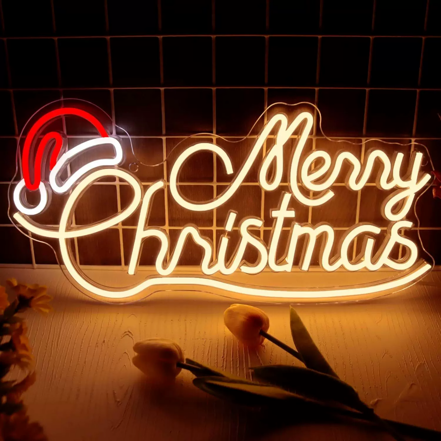 LED Merry Christmas Neon Sign with Santa Hat – Warm White & Red Script Wall Décor