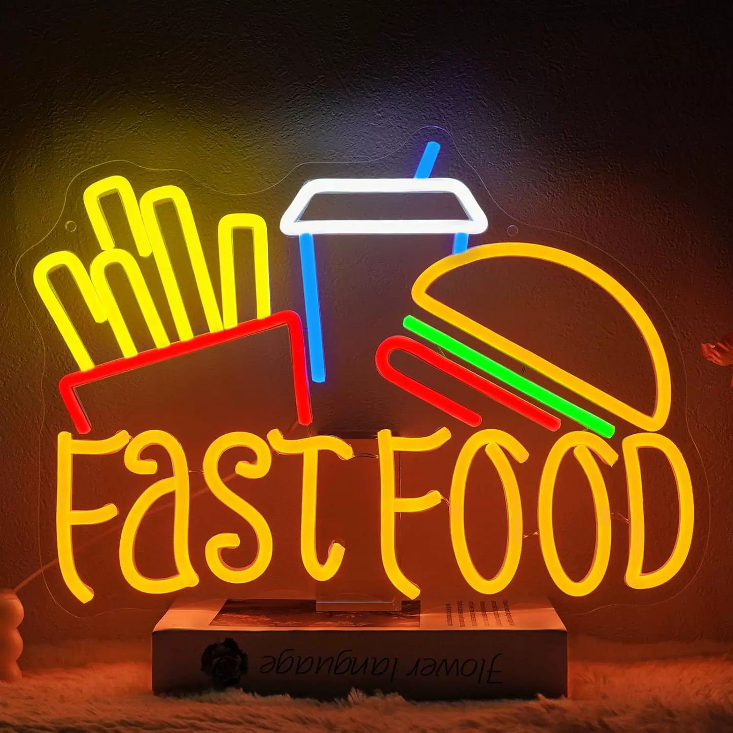 Fast Food LED Neon Sign Burger Fries Drink Neon Light Wall Decor for Restaurant Cafe Kitchen Bar