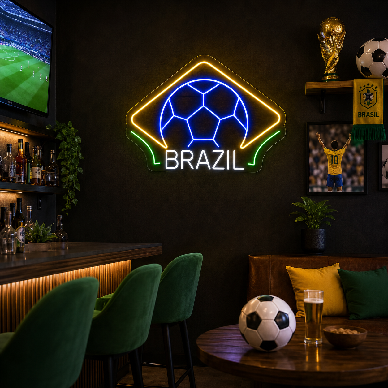 Brazil Diamond Soccer LED Neon Sign Brazilian Football Neon Light Wall Decor for Sports Bar Game Room
