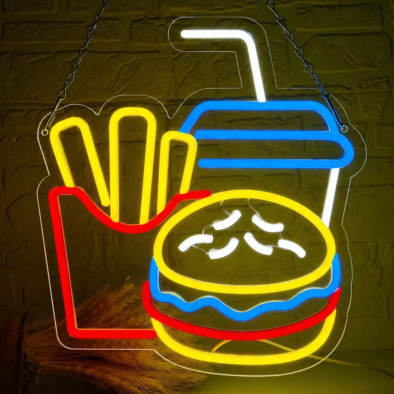 Burger Fries & Drink LED Neon Sign Fast Food Combo Neon Light Wall Decor for Restaurant Cafe Bar