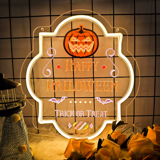 Happy Halloween LED Neon Sign Pumpkin Trick or Treat Neon Light Wall Decor for Party Room Bar Halloween Decoration