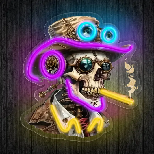 Steampunk Skull LED Neon Sign with Hat and Goggles Vintage Style Neon Light Wall Decor