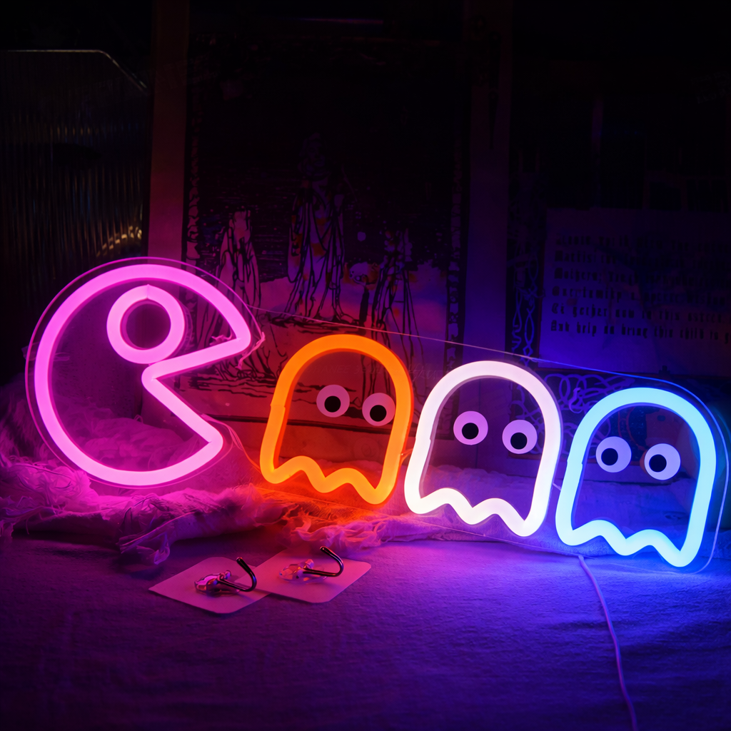 Retro Pac-Man Ghost LED Neon Sign for Game Room, Arcade Wall Decor & Gaming Setup
