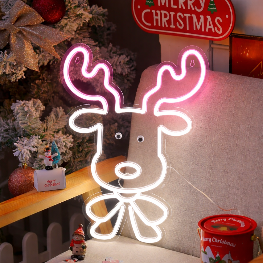 Christmas Reindeer LED Neon Sign Warm White Holiday Wall Decor for Bedroom Living Room Party