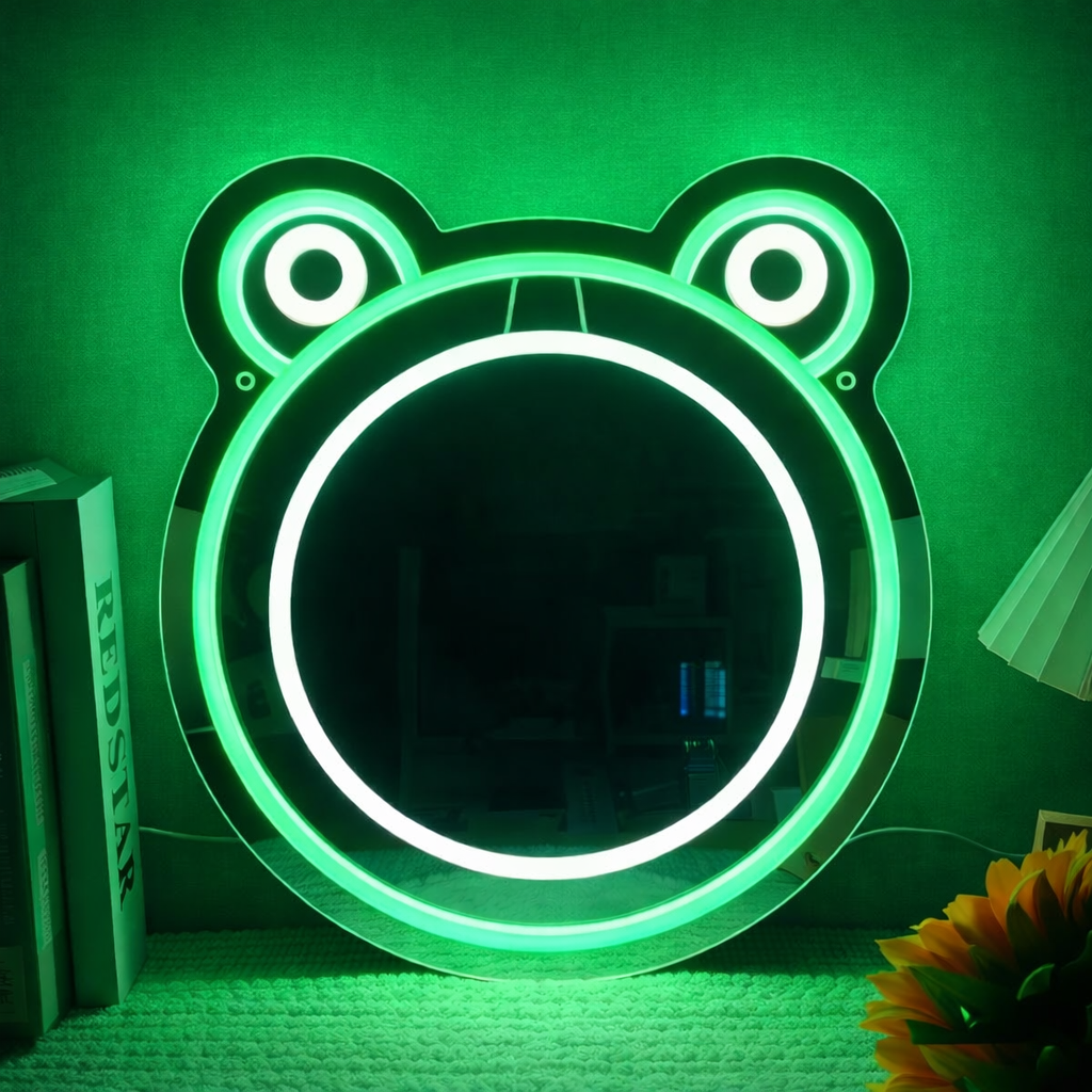 Cute Frog LED Neon Mirror Sign for Kids Room, Bedroom & Playful Wall Decor