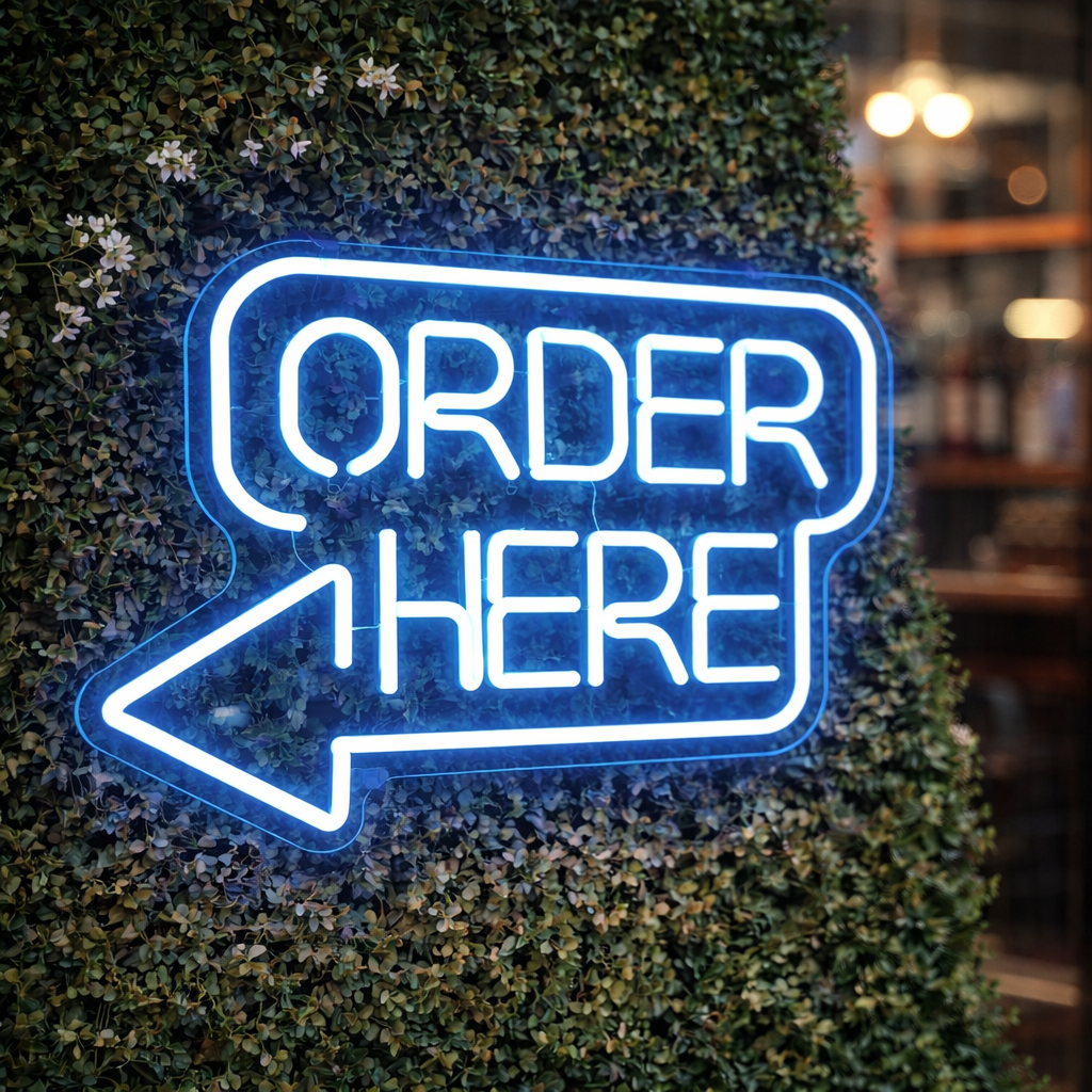 Order Here LED Neon Sign with Arrow for Shop Cafe Restaurant Wall Decor Light