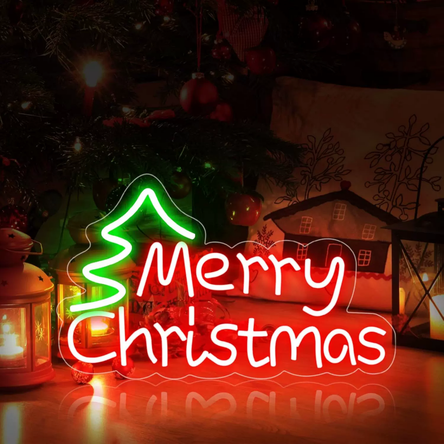 LED Merry Christmas Neon Sign with Christmas Tree Accent