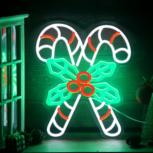 LED Candy Cane & Holly Neon Sign for Christmas Holiday Decoration