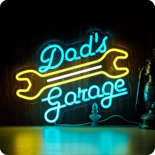 Personalized Dad’s Garage LED Neon Sign with Wrench Custom Name Workshop Light