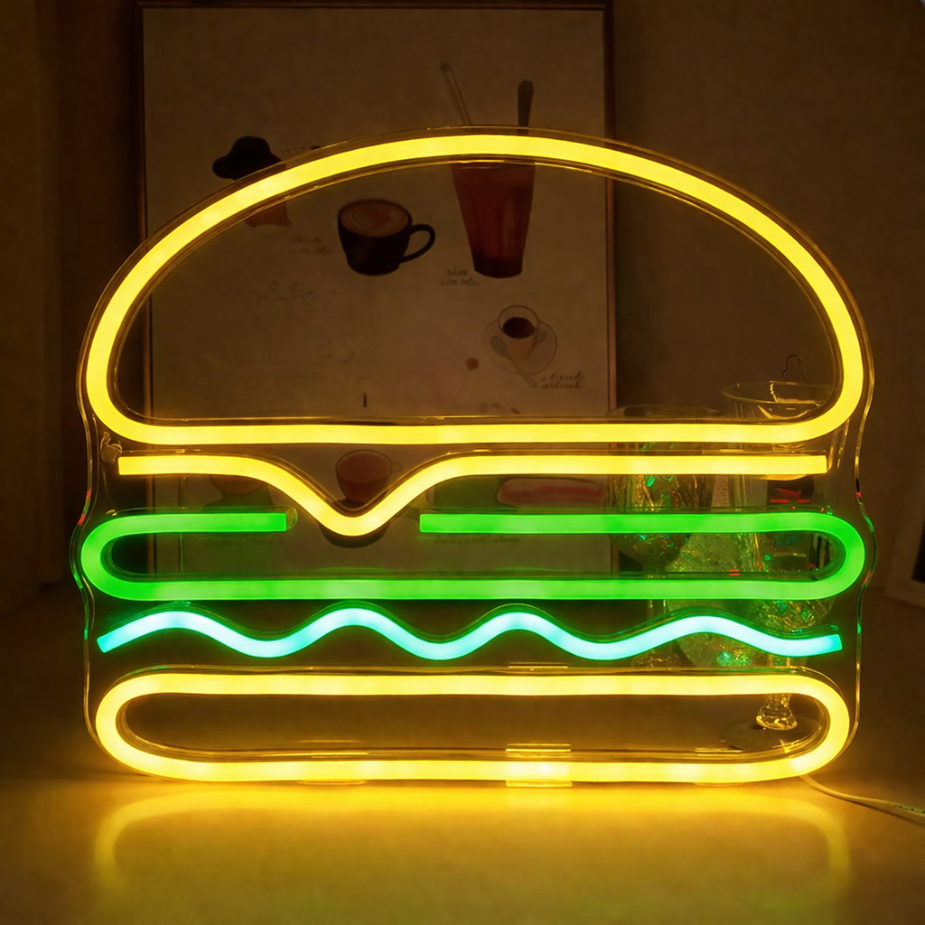 Hamburger LED Neon Sign Fast Food Burger Neon Light for Kitchen Bar Restaurant Decor