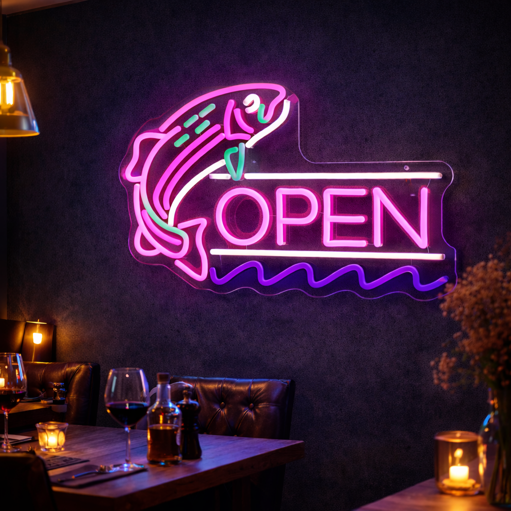 Fishing Open LED Neon Sign Fish Neon Light for Seafood Restaurant Bar Shop Decor