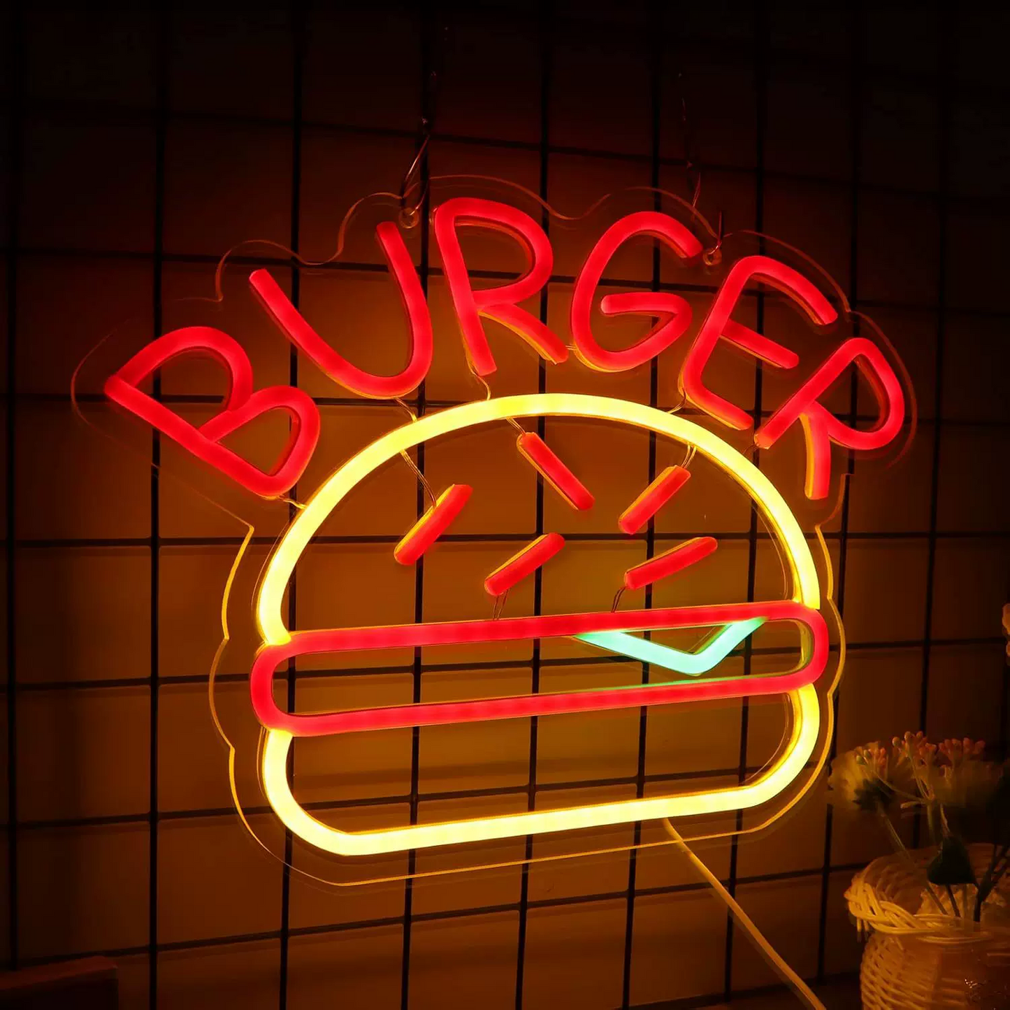 Burger LED Neon Sign Hamburger Neon Light Wall Decor for Kitchen Cafe Restaurant Fast Food Bar
