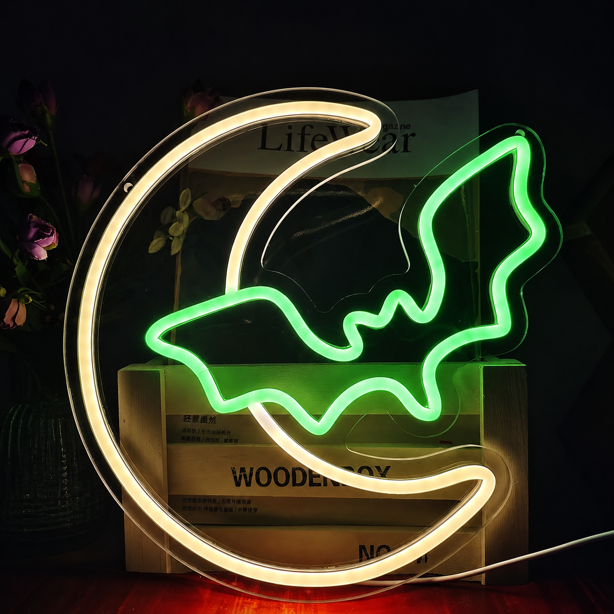 Bat and Moon LED Neon Sign Halloween Neon Light Wall Decor for Bedroom Party Bar