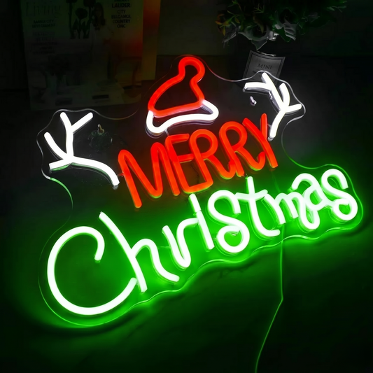 Merry Christmas LED Neon Sign with Santa Hat & Reindeer Antlers, Red & Pink Holiday Wall Decor Light for Christmas Party, Storefront, Home Room Seasonal Decoration