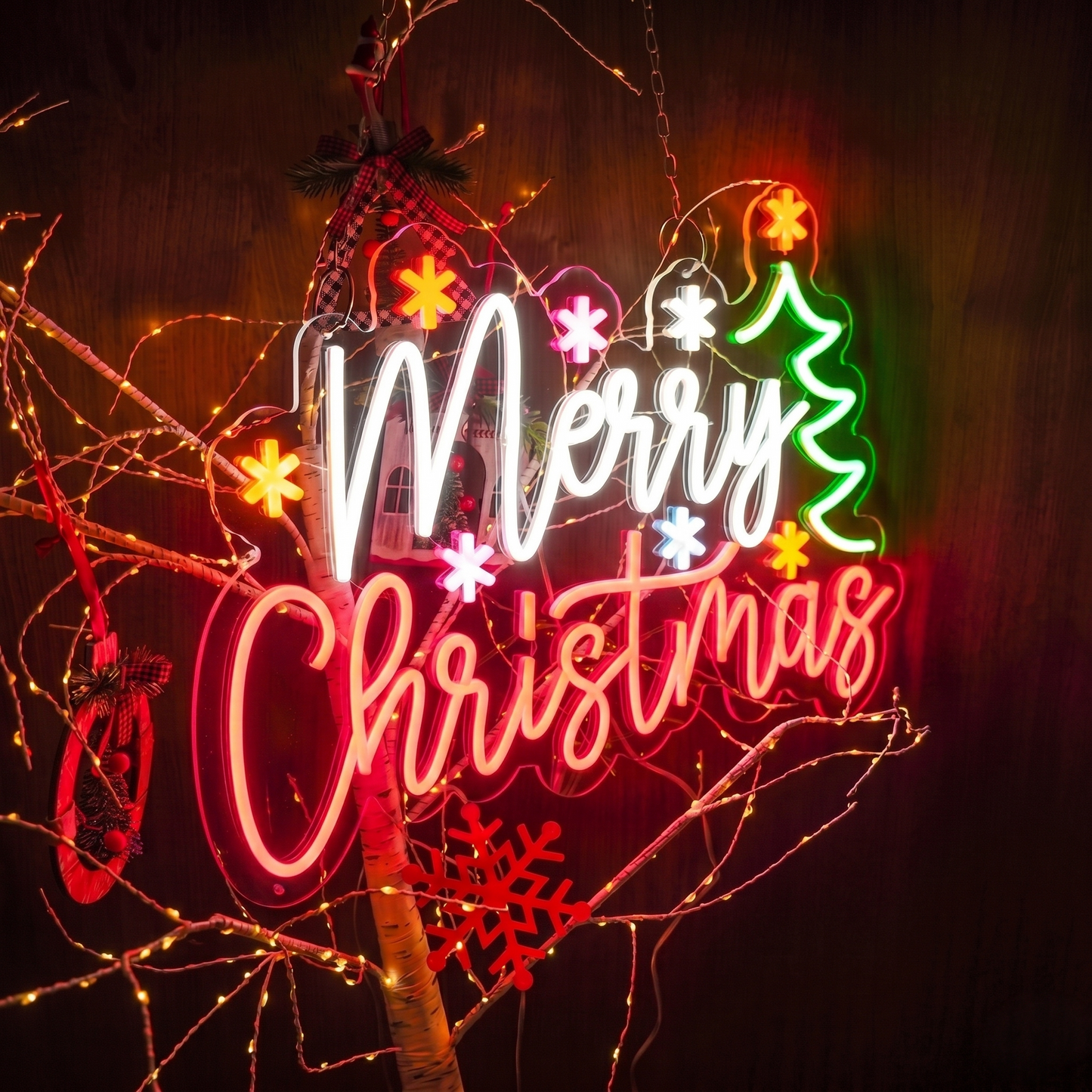 Merry Christmas LED Neon Sign with Christmas Tree & Snowflakes Holiday Wall Decor Light