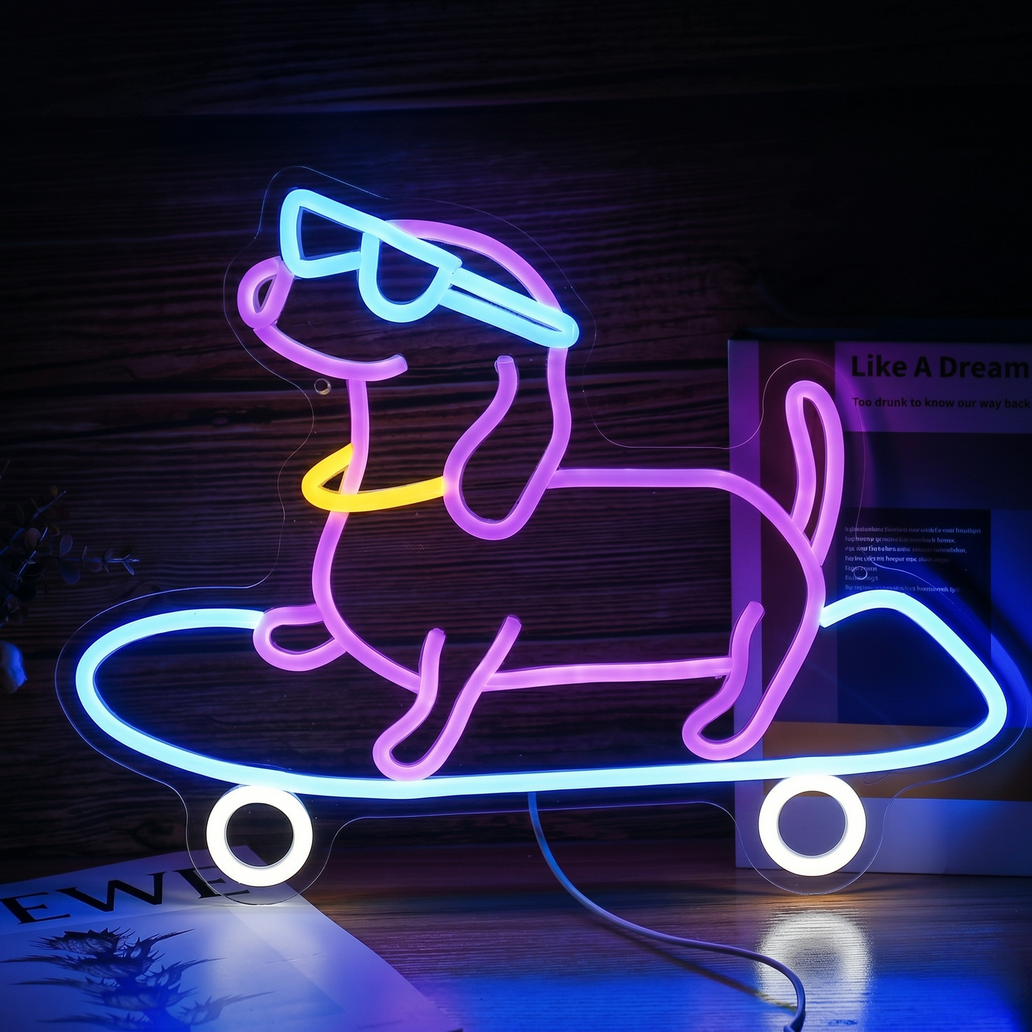 Cool Dog on Skateboard LED Neon Sign Puppy Neon Light Wall Decor for Kids Room Game Room Pet Lovers