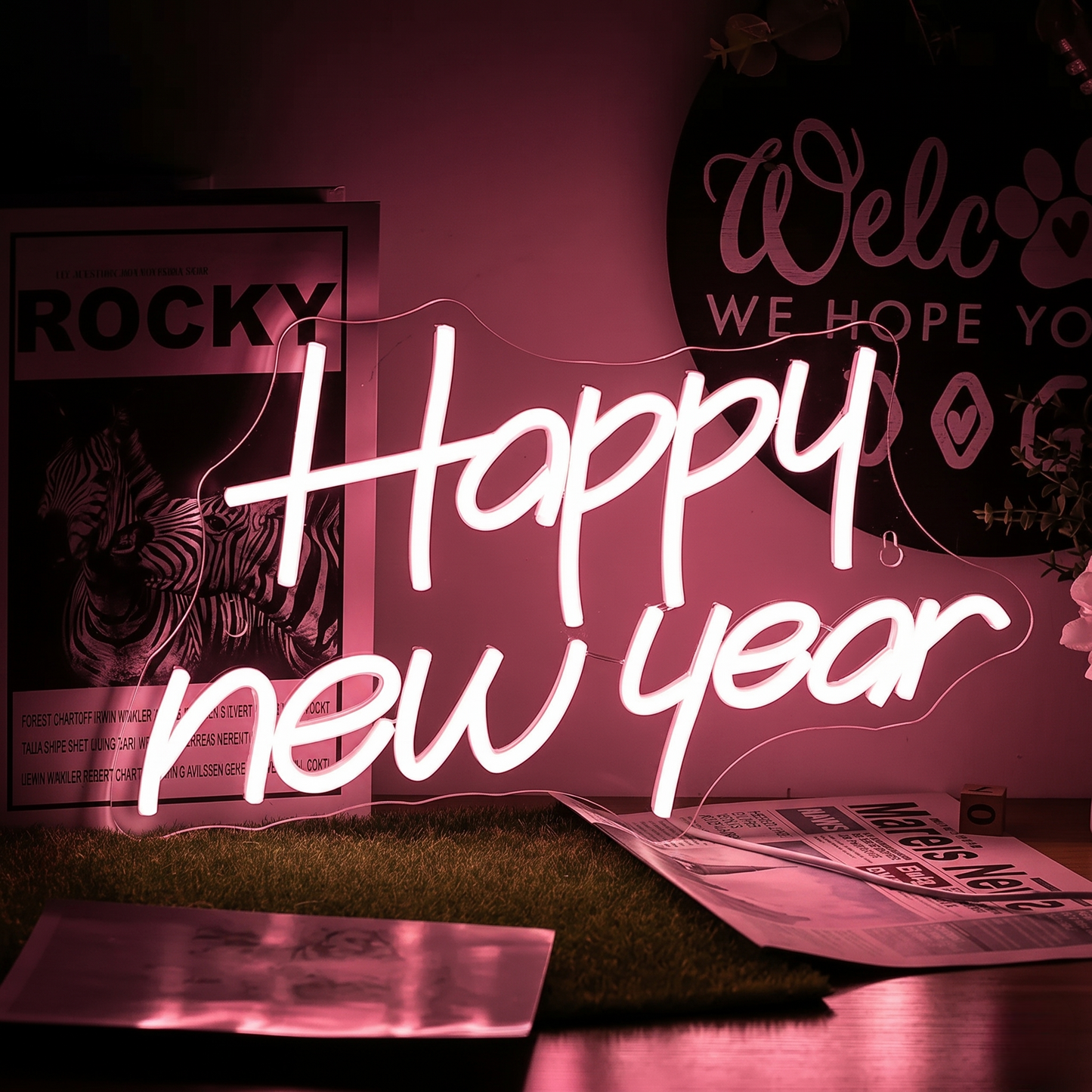 Happy New Year LED Neon Sign Modern Script White Neon Light Wall Decor for Party Home Event