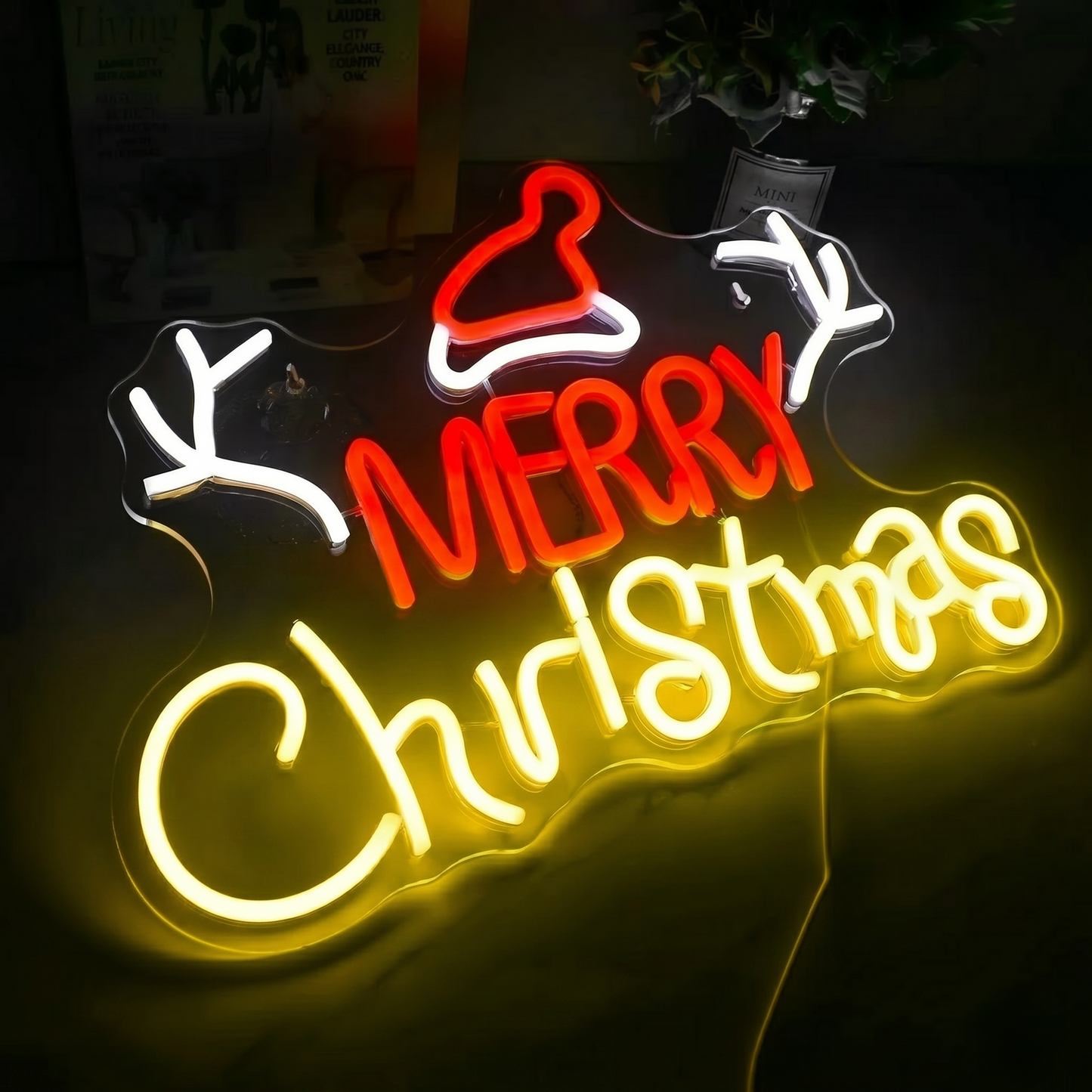 Merry Christmas LED Neon Sign with Santa Hat & Reindeer Antlers, Red & Pink Holiday Wall Decor Light for Christmas Party, Storefront, Home Room Seasonal Decoration