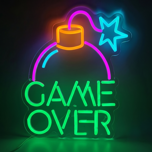 Game Over LED Neon Sign Red Pink Bomb Neon Light Wall Decor for Game Room Bedroom
