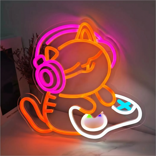 Gaming Cat LED Neon Sign Orange Green Gamer Neon Light Wall Decor for Game Room Bedroom