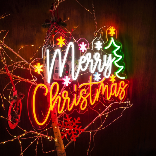 Merry Christmas LED Neon Sign with Christmas Tree & Snowflakes Holiday Wall Decor Light
