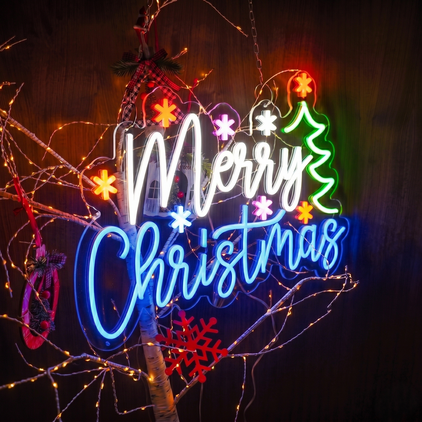 Merry Christmas LED Neon Sign with Christmas Tree & Snowflakes Holiday Wall Decor Light