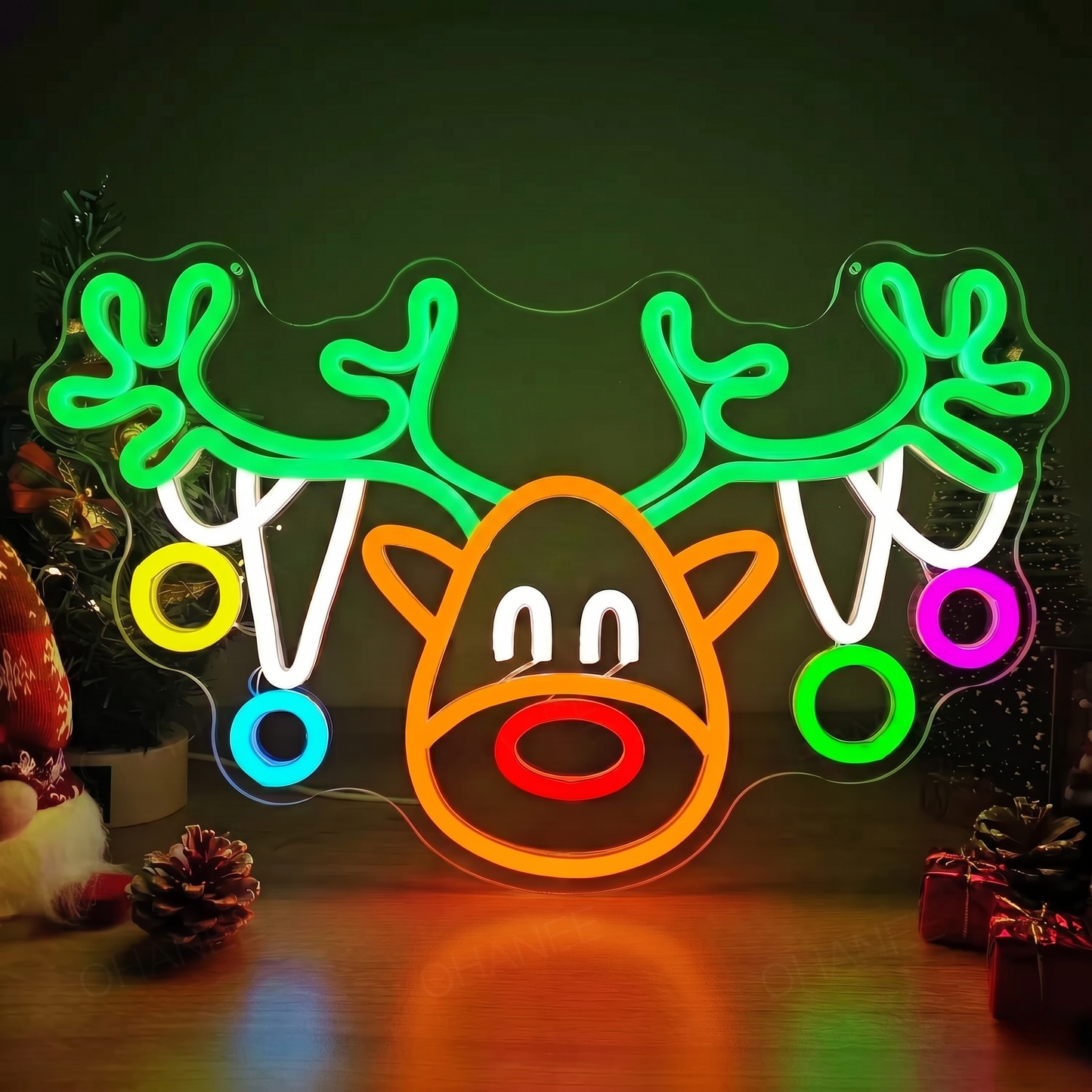 Cute Rudolph Reindeer LED Neon Sign — Cartoon Red-Nosed Christmas Deer Silhouette Decorative Light, Ideal Wall Decor for Kids' Rooms, Living Rooms, and Holiday Party Displays