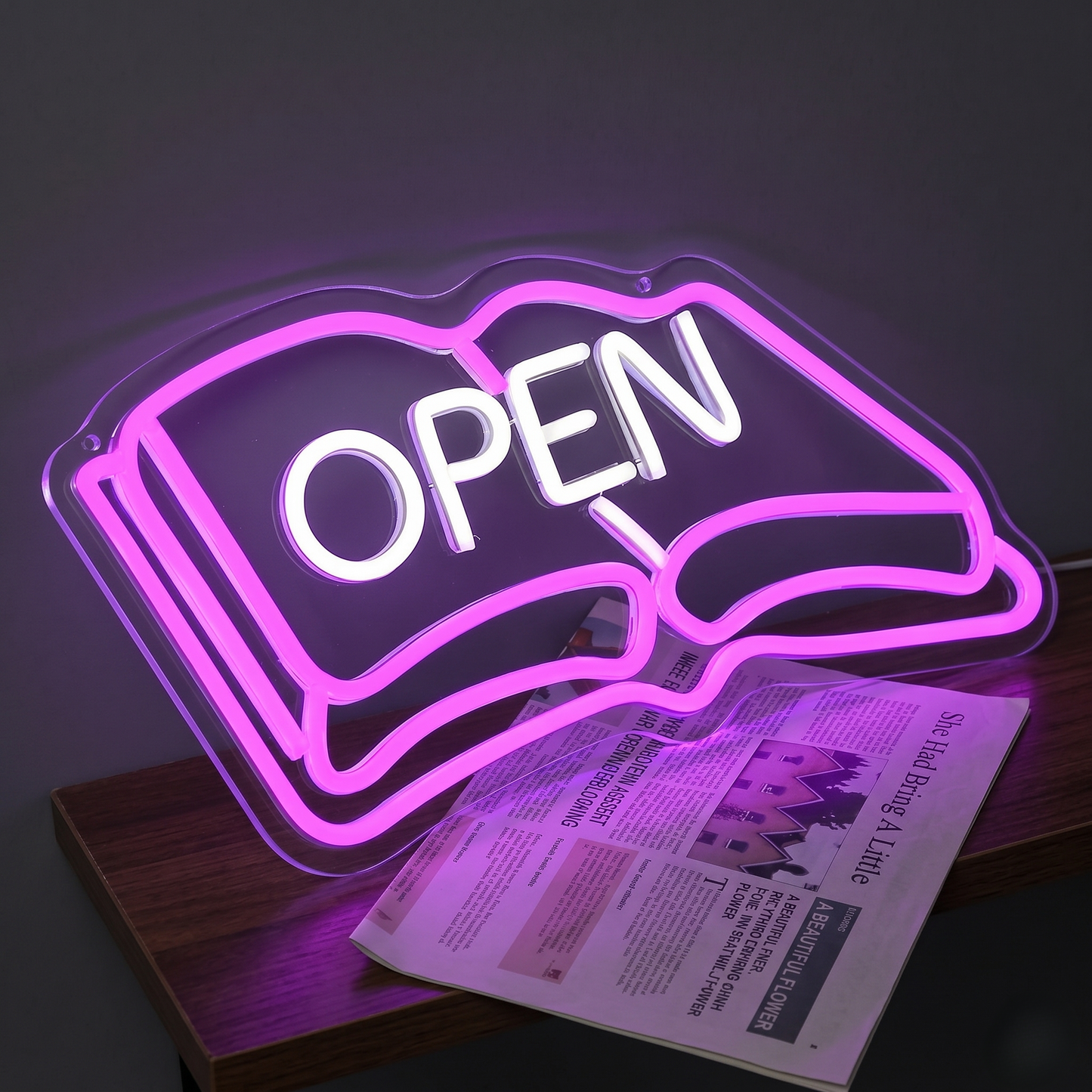 OPEN Book LED Neon Sign Pink Wall Decor for Shop Cafe Library Office