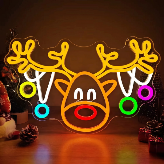 Cute Rudolph Reindeer LED Neon Sign — Cartoon Red-Nosed Christmas Deer Silhouette Decorative Light, Ideal Wall Decor for Kids' Rooms, Living Rooms, and Holiday Party Displays