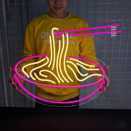 Noodles LED Neon Sign Pink Yellow Chopsticks Neon Light Wall Decor for Restaurant Cafe Kitchen