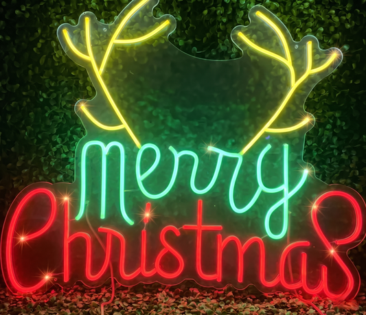 Merry Christmas LED Neon Sign with Reindeer Antlers Holiday Wall Decor Light