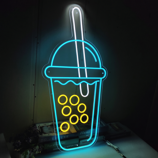 Bubble Tea LED Neon Sign Blue Yellow Boba Drink Neon Light Wall Decor for Cafe Bar Kitchen