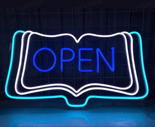 OPEN Book LED Neon Sign Pink White Blue Wall Decor for Shop Cafe Library Office