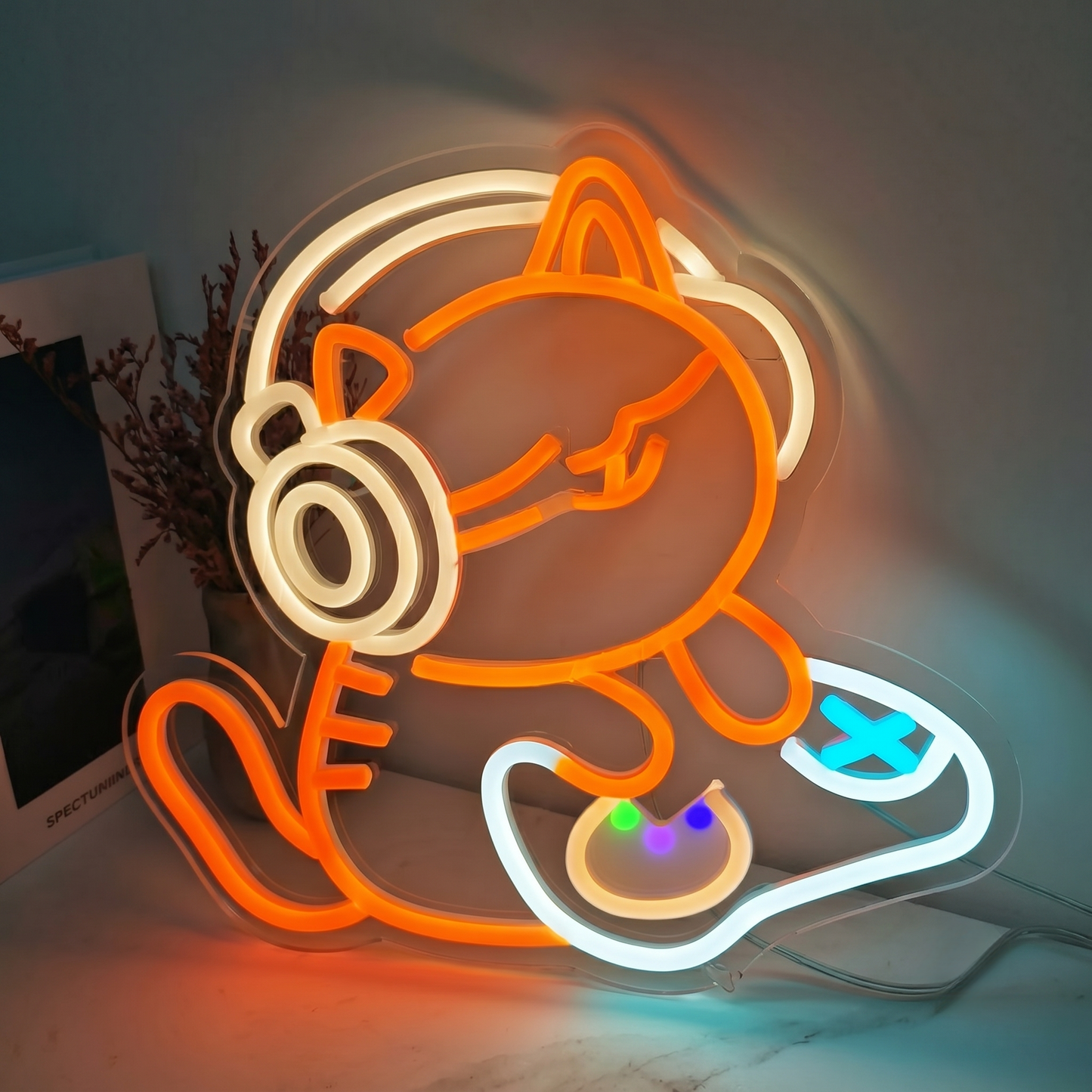 Gaming Cat LED Neon Sign Orange Green Gamer Neon Light Wall Decor for Game Room Bedroom