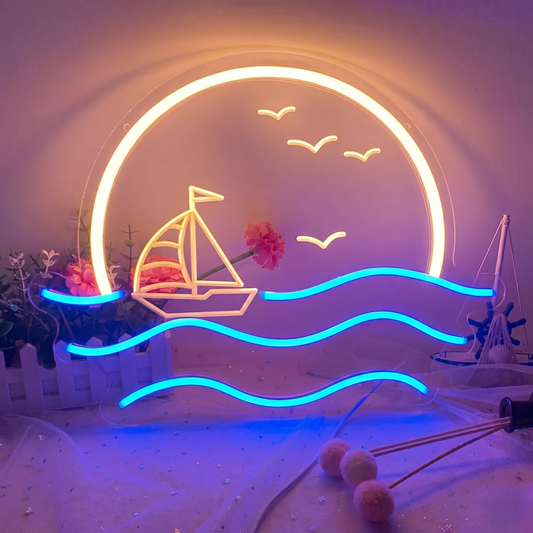 Sailboat Sunset LED Neon Sign Yellow Blue Ocean Neon Light Wall Decor for Bedroom Bar Cafe