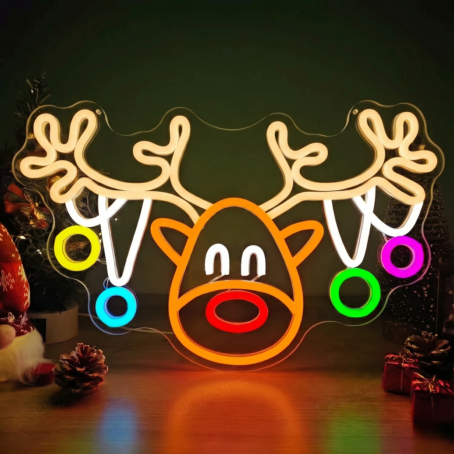Cute Rudolph Reindeer LED Neon Sign — Cartoon Red-Nosed Christmas Deer Silhouette Decorative Light, Ideal Wall Decor for Kids' Rooms, Living Rooms, and Holiday Party Displays