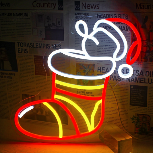 Christmas Stocking-Shaped LED Neon Sign ，Dual Red & Yellow Holiday Wall Decor Light, Ideal for Creating a Festive Atmosphere at Christmas Parties, Children's Rooms, and Store Window Displays.