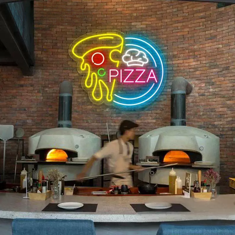 Pizza LED Neon Sign Blue Yellow Slice Neon Light Wall Decor for Restaurant Pizzeria Cafe
