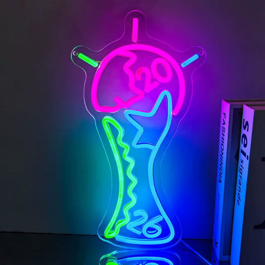 Colorful World Cup Trophy LED Neon Sign for Game Room Sports Bar Decor Light