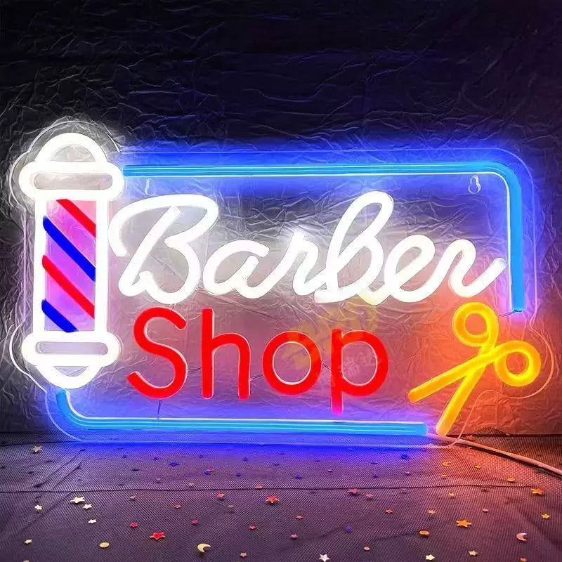 Barber Shop Neon Sign with Pole and Scissors LED Neon Light for Barbershop Decor