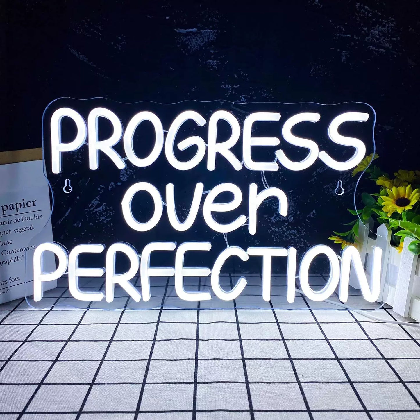 Progress Over Perfection LED Neon Sign White Motivational Neon Light Wall Decor for Bedroom Office