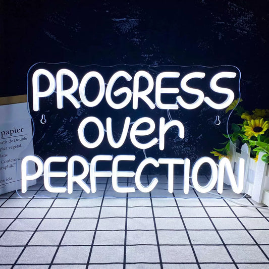 Progress Over Perfection LED Neon Sign White Motivational Neon Light Wall Decor for Bedroom Office