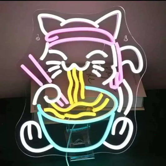 Cute Cat Eating Ramen LED Neon Sign Kawaii Noodle Bowl Neon Light for Bedroom Café Wall Decor