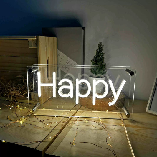 Happy LED Neon Sign Warm White Word Neon Light Wall Decor for Bedroom Living Room Party