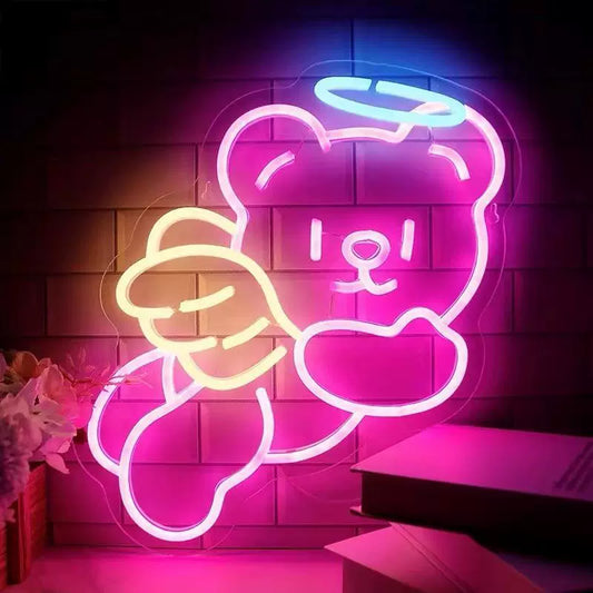 Cute Angel Bear LED Neon Sign for Bedroom Aesthetic Room Wall Decor Light
