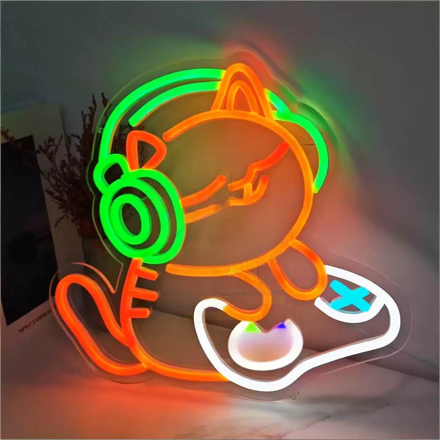 Gaming Cat LED Neon Sign Orange Green Gamer Neon Light Wall Decor for Game Room Bedroom