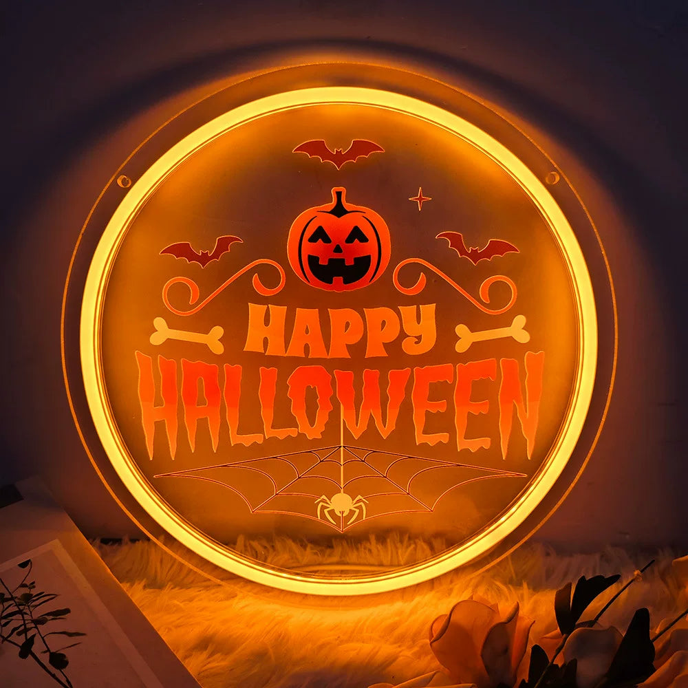 Happy Halloween LED Neon Sign Pumpkin Bat Spider Web Neon Light Wall Decor for Party Room Bar Halloween Decoration