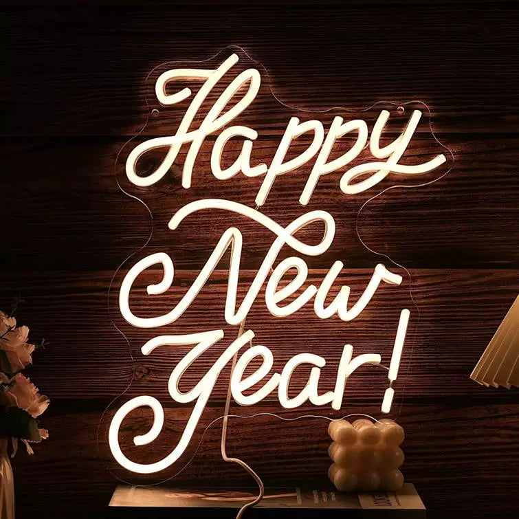 Happy New Year LED Neon Sign White Script Neon Light Wall Decor for Party Home Celebration