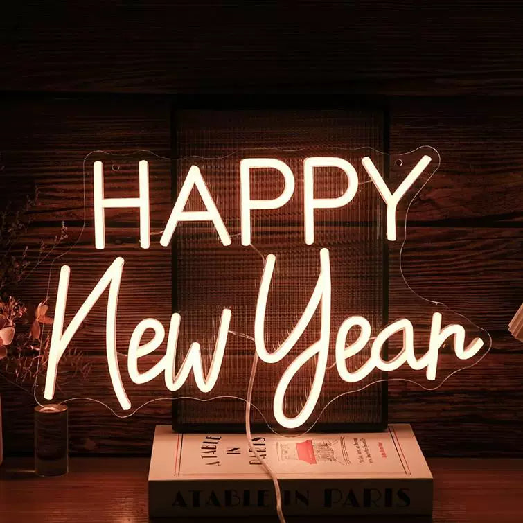 Happy New Year LED Neon Sign Modern Script White Neon Light Wall Decor for Party Home Event