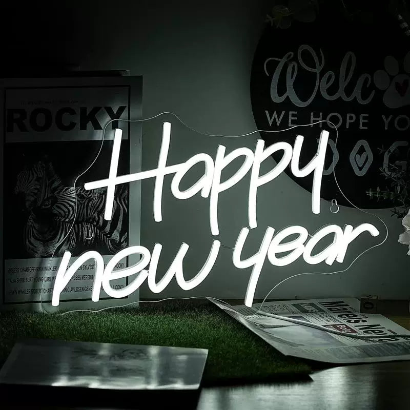 Happy New Year LED Neon Sign Modern Script White Neon Light Wall Decor for Party Home Event